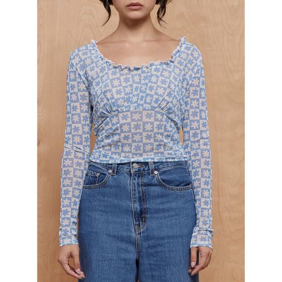 Lisa Says Gah Tops - Lisa Says Gah Sheer Flower Top Blue and White